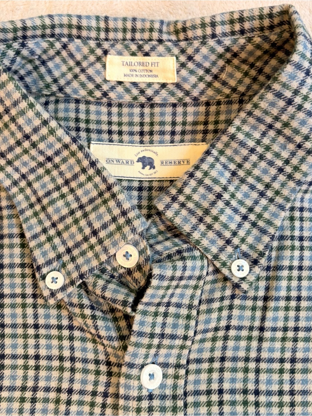 Onward Reserve Tailored Fit Navy, Gray Blue & Green Plaid Button-Down Shirt Sz L